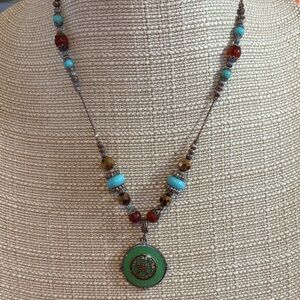 Chic Multicolor Beaded Necklace with Green Pendant